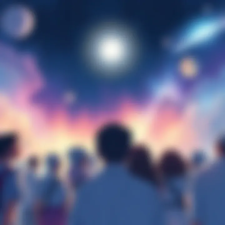 An illustration showing a diverse group of people looking up at a bright starry sky, symbolizing their connection to extraterrestrial beings.