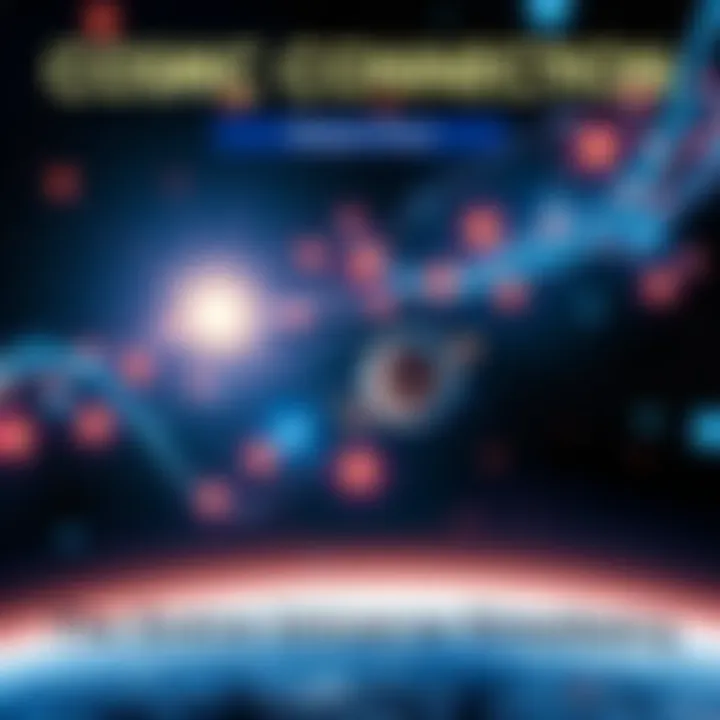 A visual representation of the universe with stars and planets interconnected by glowing lines, showing the idea of all beings existing together at the same time.