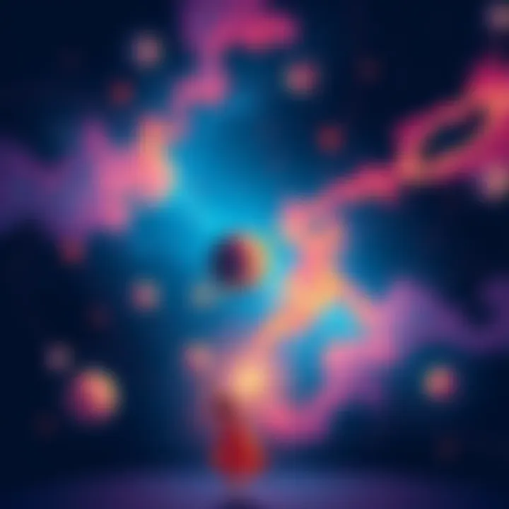 A vibrant illustration showing celestial bodies like stars and planets moving together in harmony, symbolizing interconnectedness in the universe.