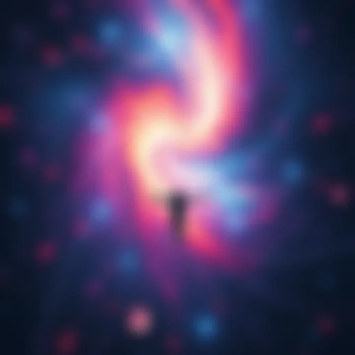 A person floating in a vibrant universe filled with swirling galaxies and stars, feeling a sense of isolation and wonder.