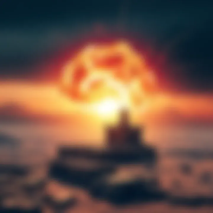 A bright cosmic explosion in space impacting an ancient city, with ruins visible beneath a glowing sky.