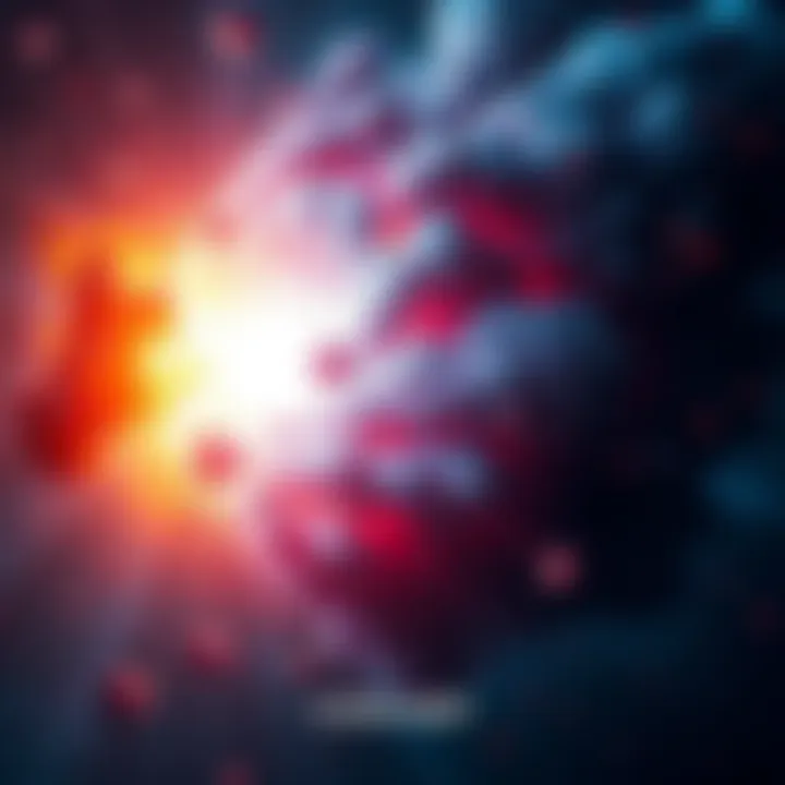 A colorful depiction of a cosmic explosion resembling a supernova, representing the origin of the universe. The explosion radiates vibrant colors, suggesting energy and expansion in space.