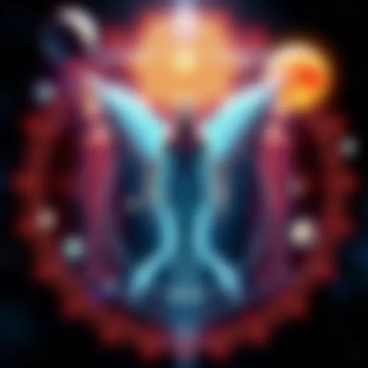 A visualization showing seven cosmic figures representing Archons linked to planets, surrounded by astrological symbols and a starry background.