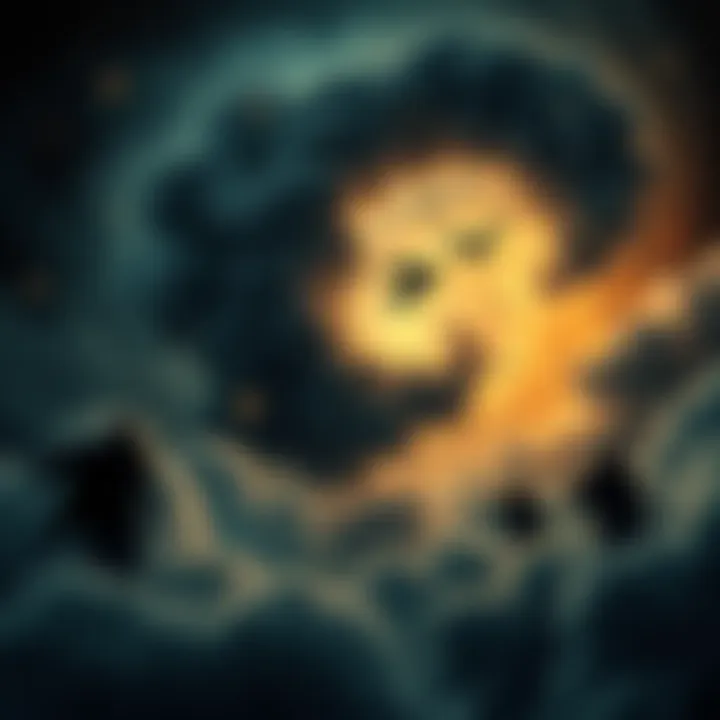 Cosmic Forces Disrupting Destiny A cosmic scene showing dark clouds swirling around stars, symbolizing forces challenging fate. Entities in shadow form loom in the background, representing unseen influences on life's path.