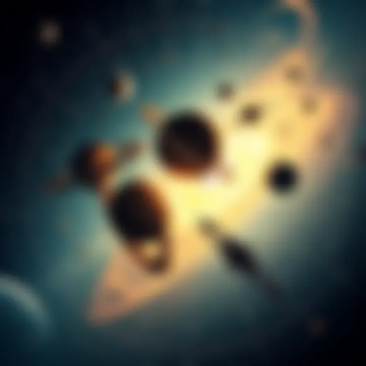 An artistic representation of the Music of the Spheres, showing celestial bodies harmonizing in a cosmic setting, with mathematical symbols in the background.