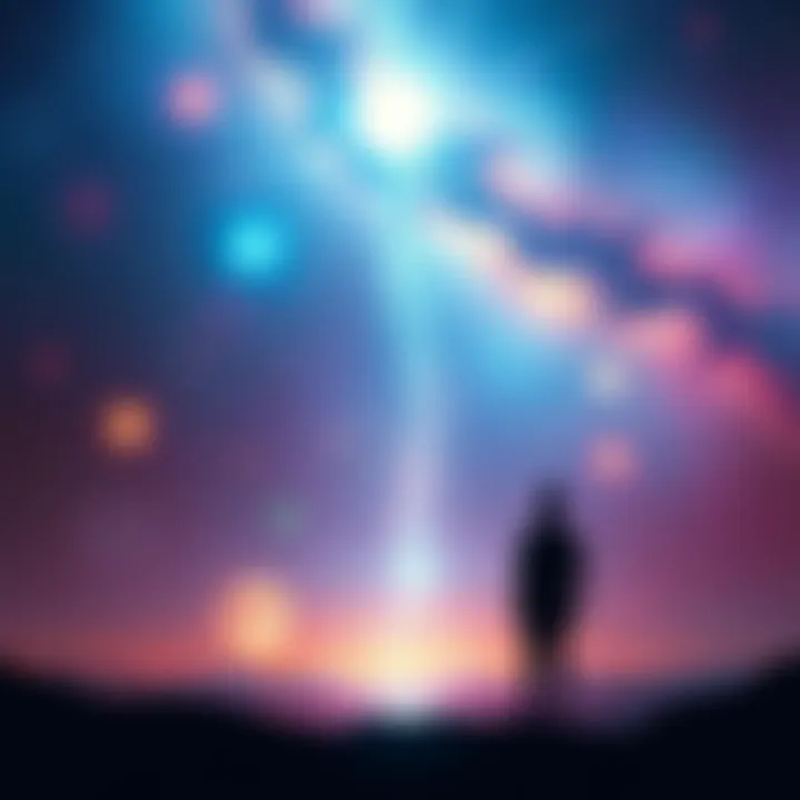 An illustration showing the cosmos above and a person reflecting below, representing interconnectedness.