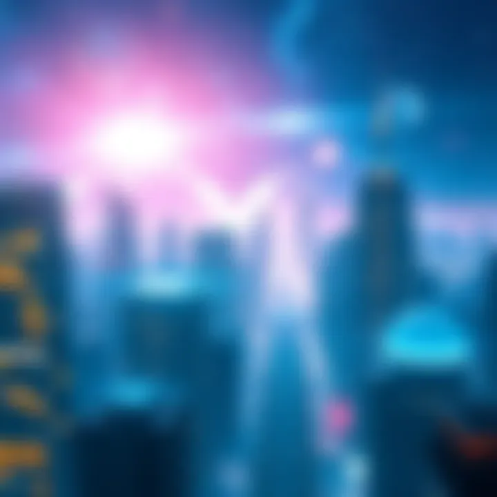 A surreal view of a city skyline with stars and galaxies blending into the buildings, symbolizing the idea of life as an illusion.