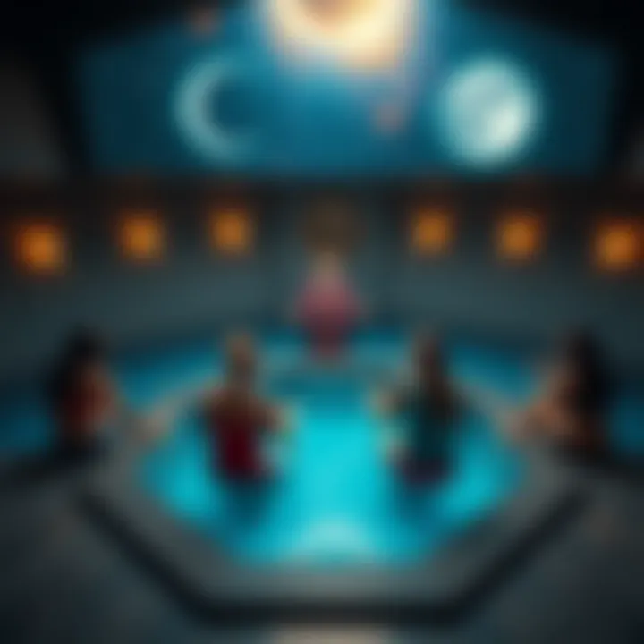 A wise woman guiding people around a hexagonal swimming pool in a dreamlike setting