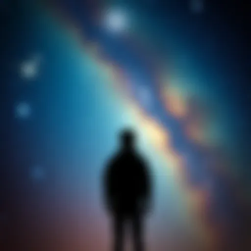 A person standing under a starry sky, looking up with wonder. The stars and galaxies reflect their inner thoughts and feelings.