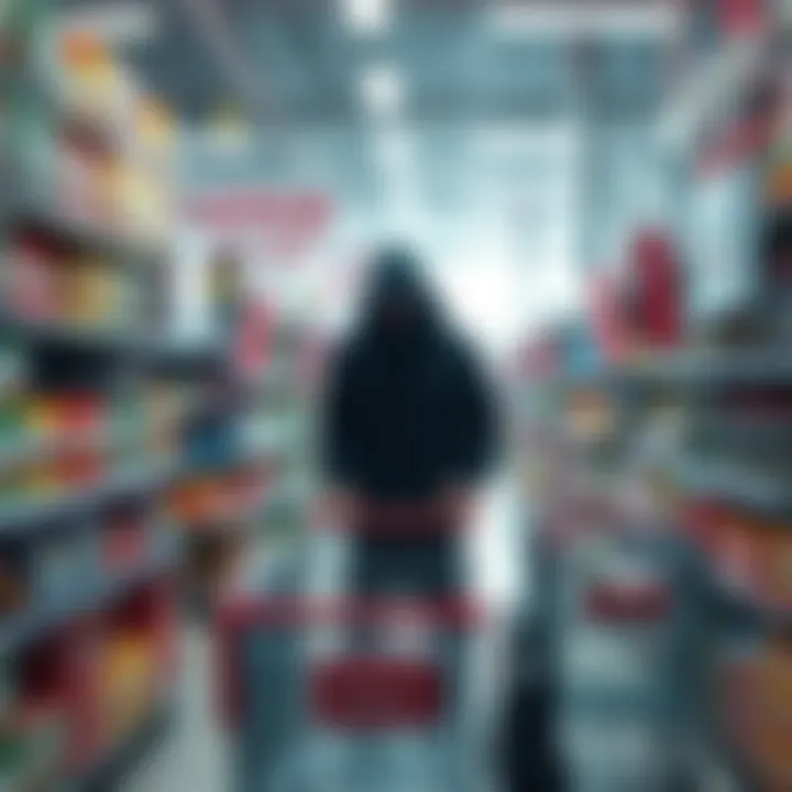 A person hiding with a dark-clothed figure in a grocery aisle of Costco, surrounded by shelves of products and shopping carts.