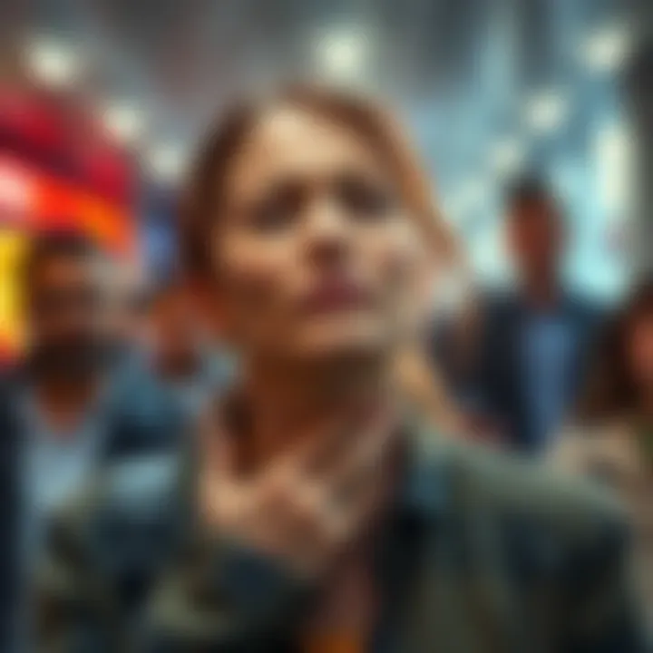 A woman with a distressed expression, holding her throat, symbolizing anxiety and panic. She appears in a public place, surrounded by curious onlookers.