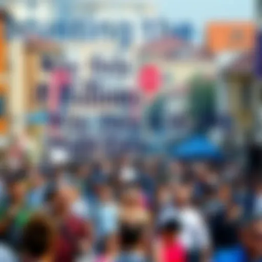 A crowd of diverse people walking in a bustling city street with various buildings and houses in the background.