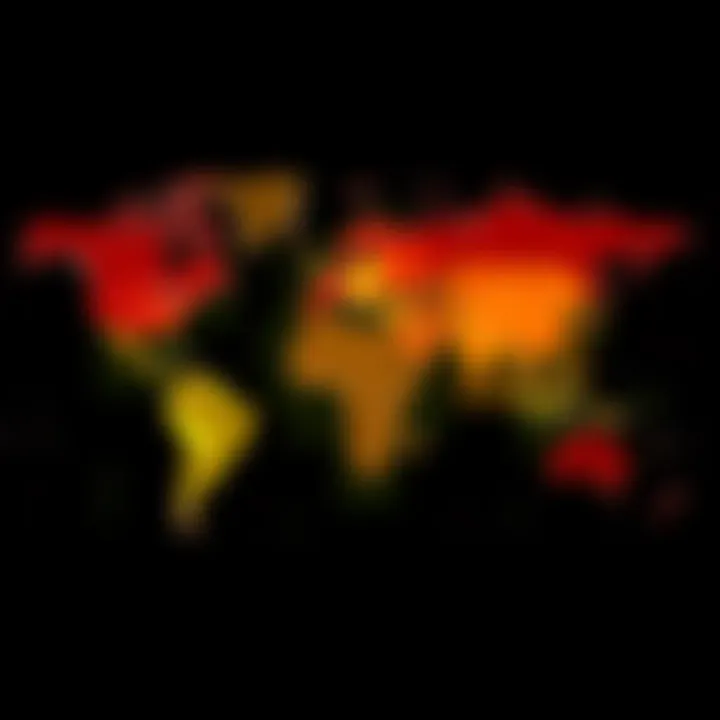 A world map highlighting countries based on their mentions in the Epstein files, with varying shades indicating different levels of frequency.