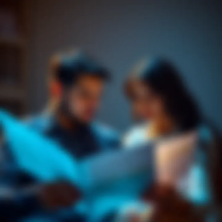 Couple Analyzing Birth Charts A couple looking at astrological birth charts together, discussing emotional behaviors and relationship dynamics.