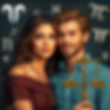 A couple with one person showing Aries traits like assertiveness and confidence, while the other displays Libra traits like harmony and balance, surrounded by astrological symbols.