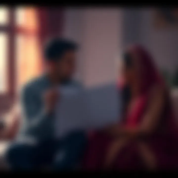 A couple sitting together, reviewing astrological charts and discussing their arranged marriage dynamics