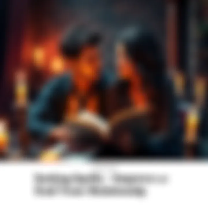 A couple sitting together at a table surrounded by burning candles and an open spell book, looking contemplative about their relationship.
