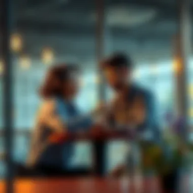 Couple discussing career choices A couple sitting at a table, reviewing job options and relationship goals together, looking thoughtful and engaged.