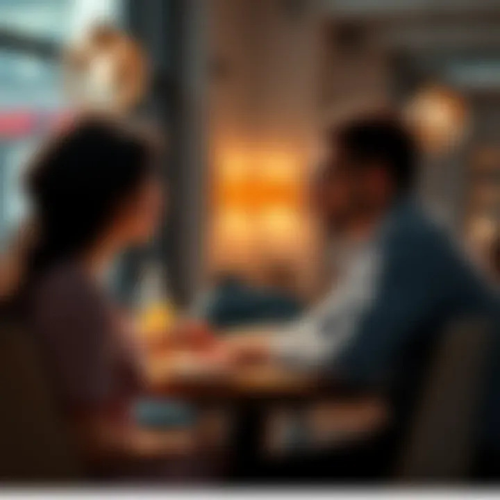A married couple sitting together at a table, sharing thoughts about their careers and relationship