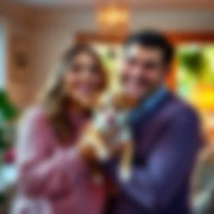 Couple with their new Chihuahua puppy A happy couple holding their new Chihuahua puppy with a pink nose and paw pads, smiling joyfully in their cozy home.