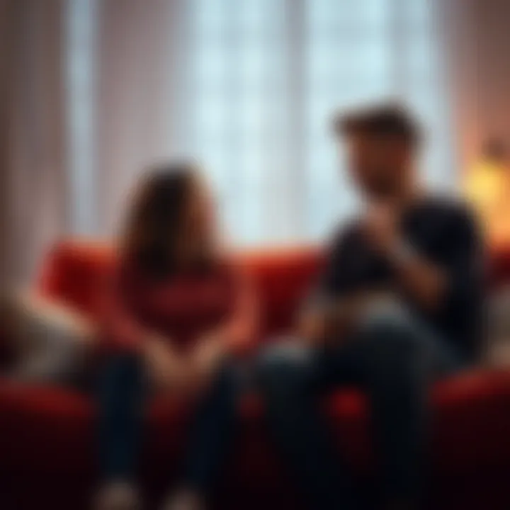 A man and woman sitting on a couch, engaged in an open conversation about their feelings, with a warm and understanding atmosphere around them.