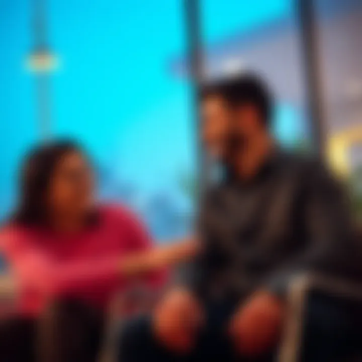 A couple sitting face-to-face, looking engaged in a conversation with warm smiles, emphasizing connection and understanding in their relationship