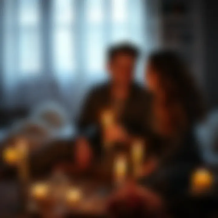 Couple Practicing Communication Spells A couple sitting together with candles and crystals, focusing on effective communication spells for reconciliation.