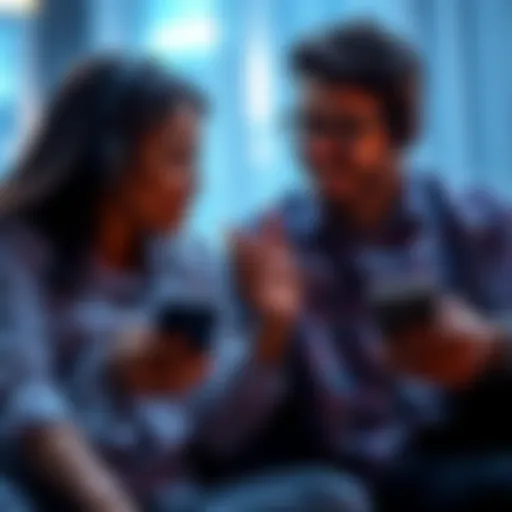 A couple sitting together, smiling and holding hands while listening to subliminal audio on their phones, showing a renewed spark in their relationship