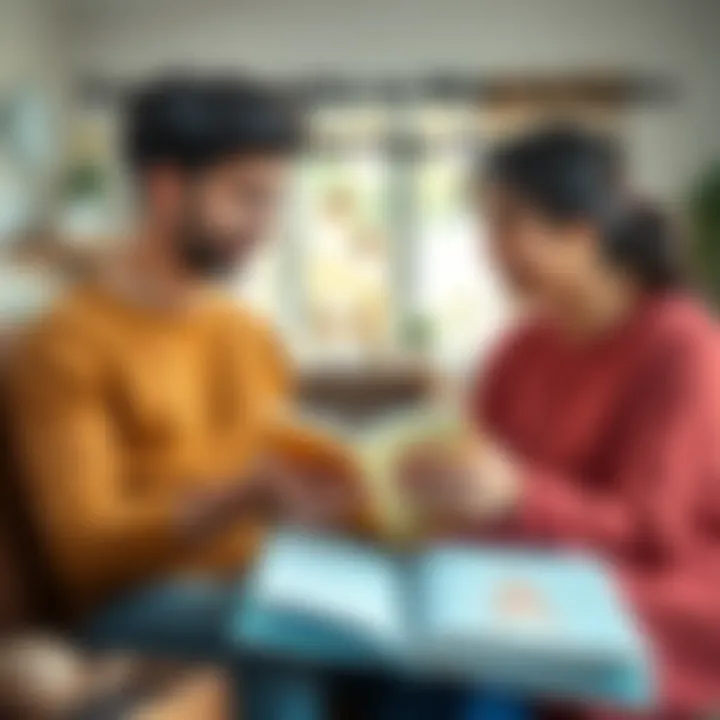 A young couple sits together in a cozy living room, looking at a baby book and discussing their future plans for starting a family.