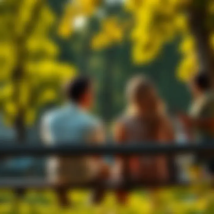 A couple sitting on a park bench, engaged in a deep conversation about their feelings, with trees and sunlight in the background.