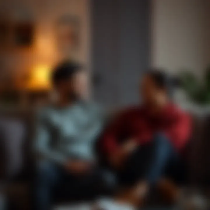 A couple sitting together on a couch, sharing a warm and intimate conversation, with soft lighting creating a cozy atmosphere.