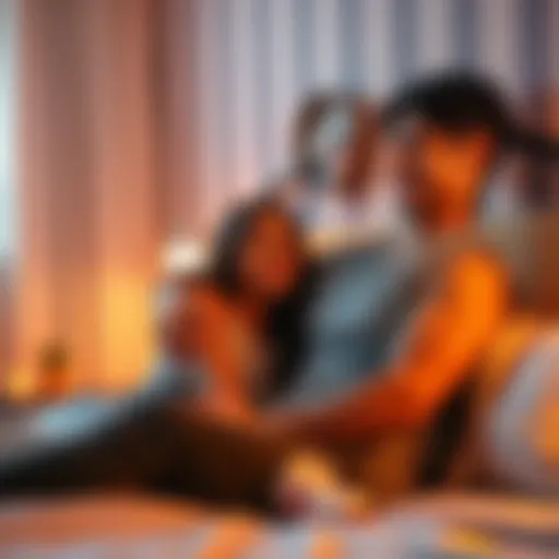 A young couple sitting close together on a bed, smiling and looking at each other, creating a warm and inviting atmosphere.