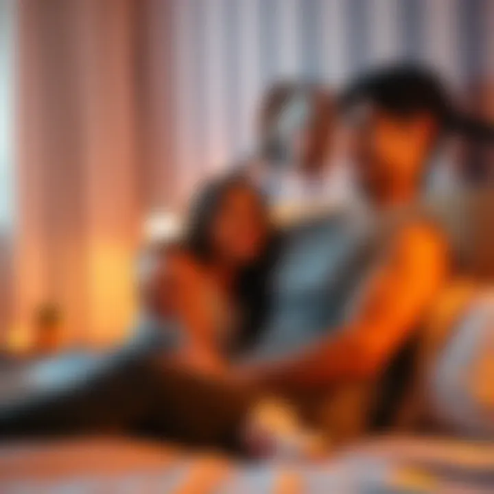 Couple in a Cozy Room A young couple sitting close together on a bed, smiling and looking at each other, creating a warm and inviting atmosphere.