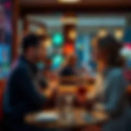 A couple sitting at a table in a cozy café, engaged in conversation, with drinks in front of them, looking happy and connected