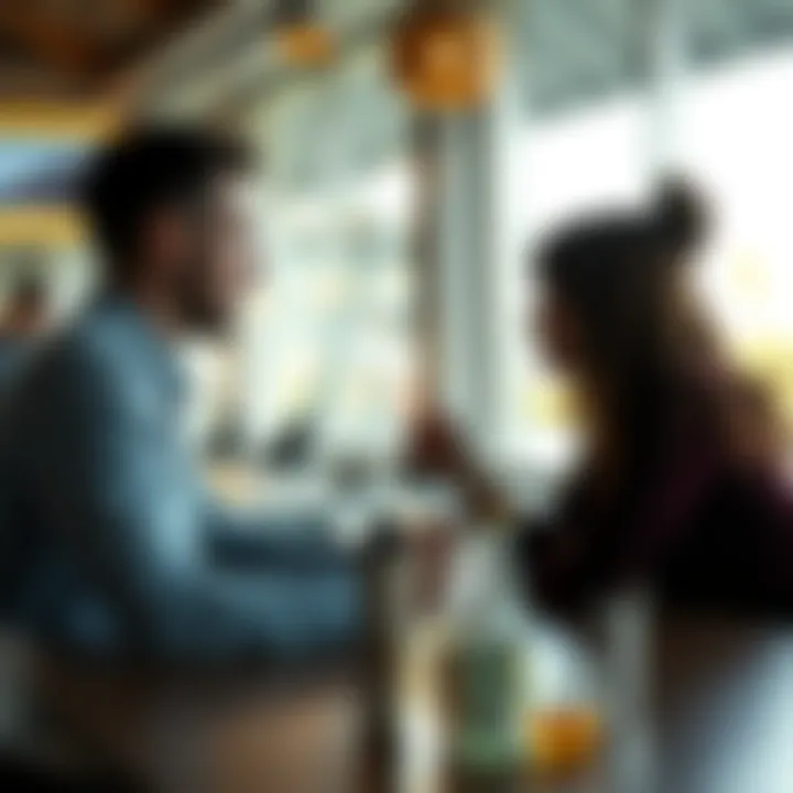 A couple sitting at a table, discussing their feelings about love and stability, with concerned expressions.
