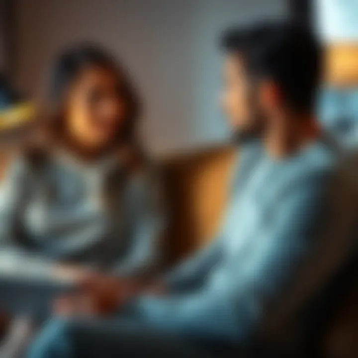 A couple sitting on a couch, having a serious discussion about their feelings in a relationship, with expressions of concern and understanding.