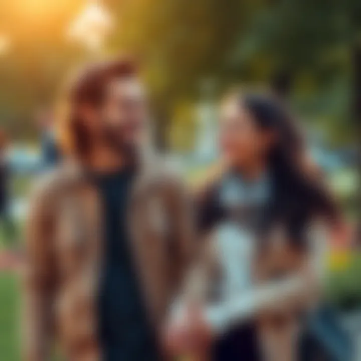 A couple smiling and holding hands, representing different interests and personalities, enjoying time together in a park.