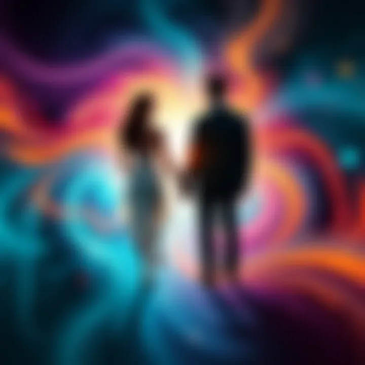 A couple holding hands, surrounded by swirling colors representing different dimensions, symbolizing love across multiple realities.