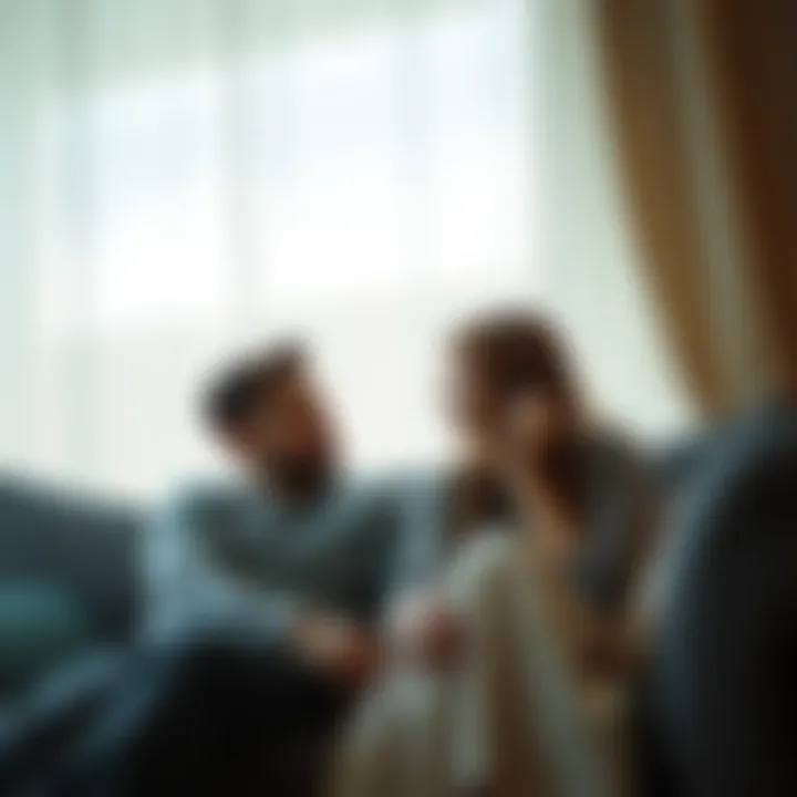 A man and woman sitting on a couch, calmly talking and facing each other, showing signs of understanding and communication after a disagreement.
