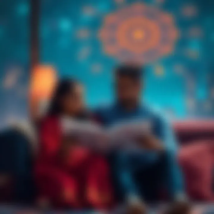 A couple sitting together, looking at astrological charts and discussing their love life influenced by Ketu conjunctions