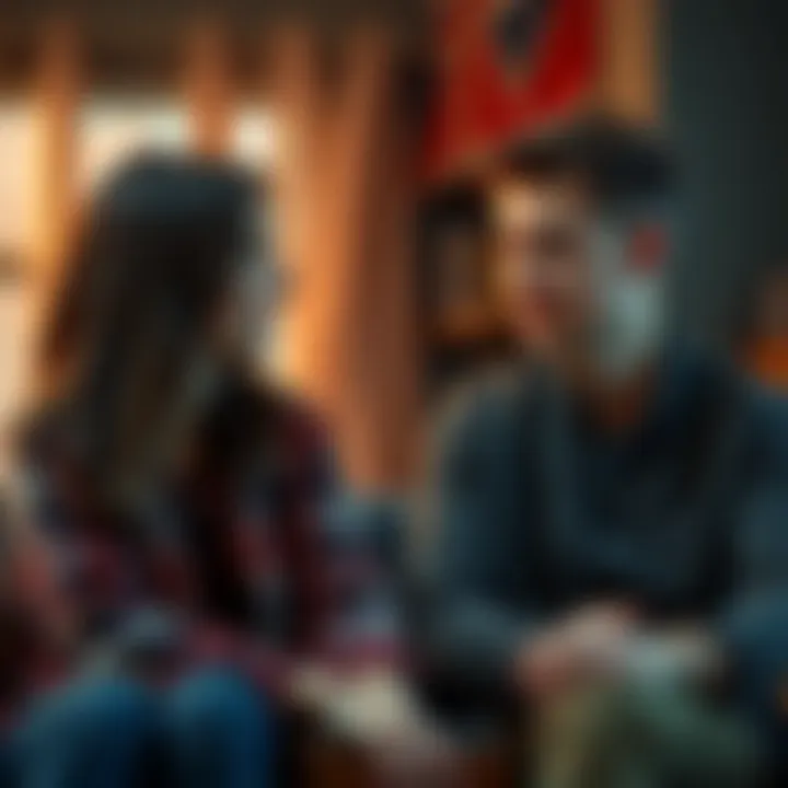Couple discussing beliefs A woman and her Christian fiancรฉ sitting together, engaged in a deep conversation about their differing beliefs, with a look of concern on their faces.