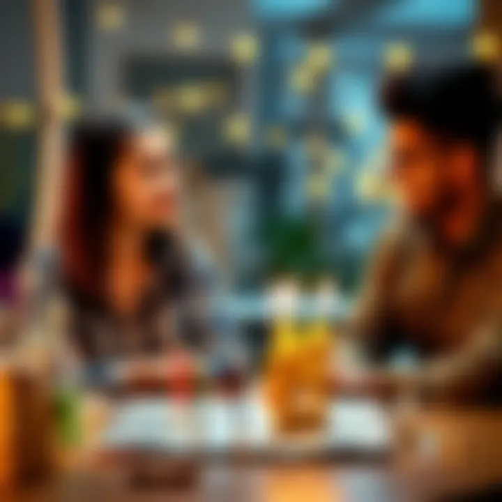 A couple sitting at a table, one looking unsure while the other smiles, hinting at a surprise birthday celebration.