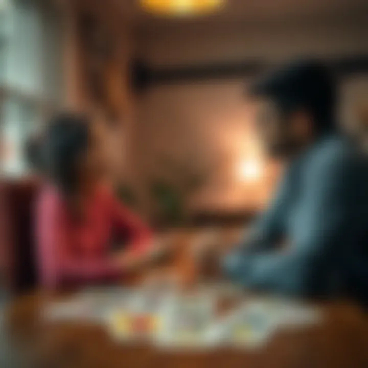 A couple discussing boundaries A young woman and man sit at a table, having a serious conversation about relationship boundaries with tarot cards spread between them.