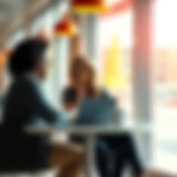 A couple sitting at a table, engaged in a conversation about their careers and future plans, with a laptop and coffee cups on the table.