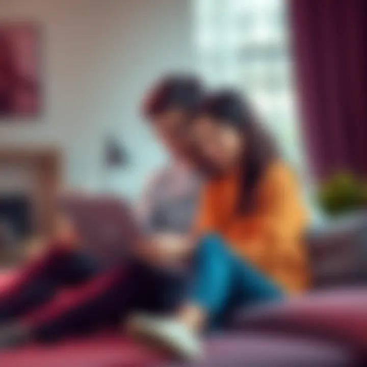 A couple sitting together with a laptop, looking at a community website and discussing their questions about joining.
