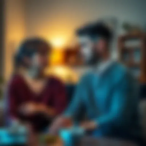 A woman expressing her worries to her boyfriend about his close friendship with a female coworker, both looking serious and concerned in a cozy living room setting.