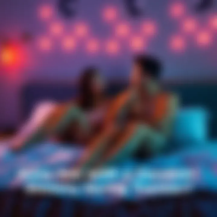 A couple sits on a bed, looking at each other thoughtfully while discussing the impact of condoms on energy during intimacy.