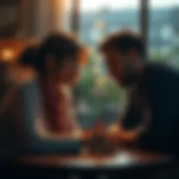 A woman and a man having a serious conversation at a table, showing signs of emotion and connection, with a warm atmosphere around them