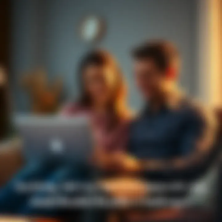 A young woman and her husband are sitting together, looking at a laptop while discussing their plans for starting a family. The atmosphere is supportive and hopeful.