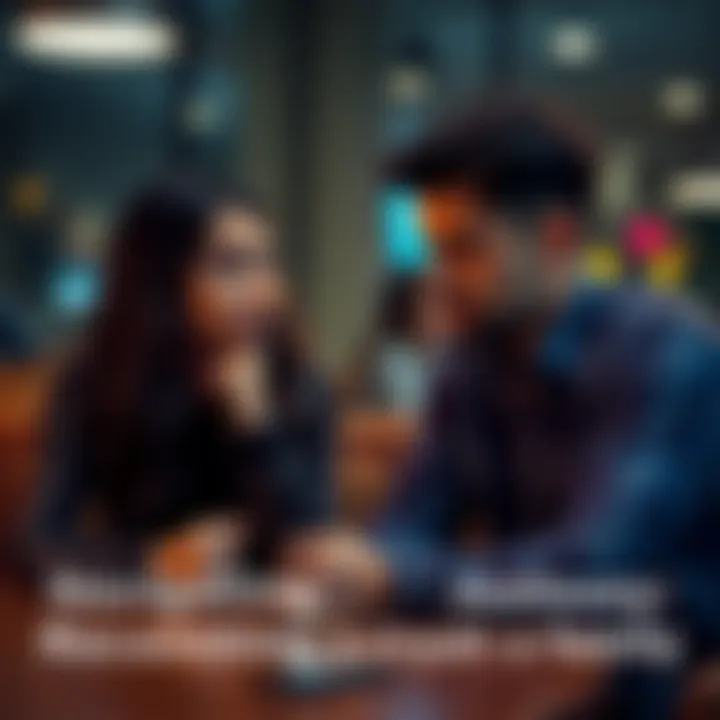 A couple talking with serious expressions while sitting at a table, with one person looking thoughtful and the other looking concerned, indicating emotions related to recommending a crush.